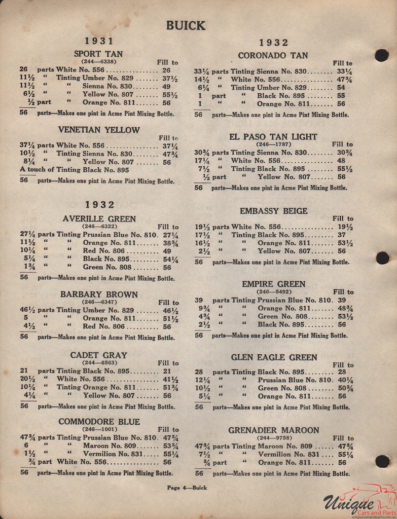 1932 Buick Paint Charts Acme 1